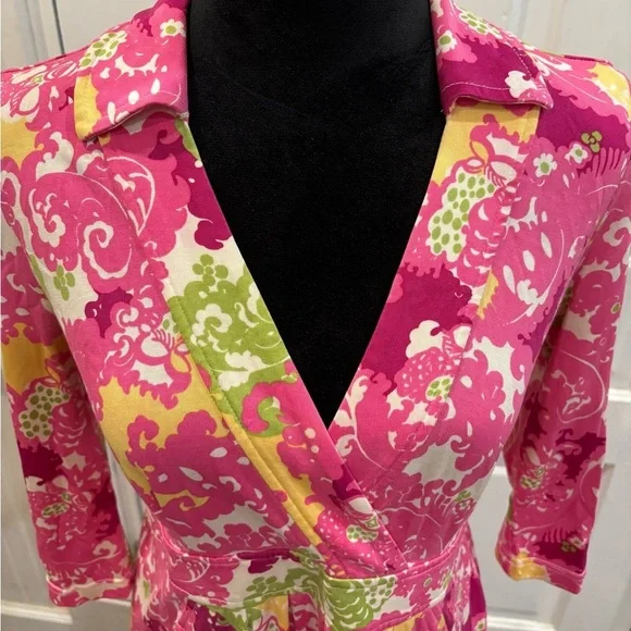 Lilly Pulitzer Blayney Pink Green Hoot Owl Floral Print 100% Silk Dress Sz Xs - Picture 4 of 7